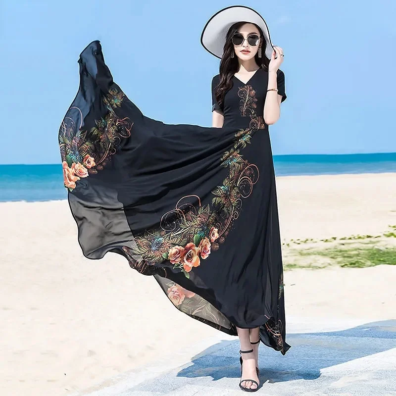 Short Sleeve Chiffon Dress High Waist Print Shows Tall Thin Temperament Super Fairy Big Swing Waist Vacation Beach Long Skirt