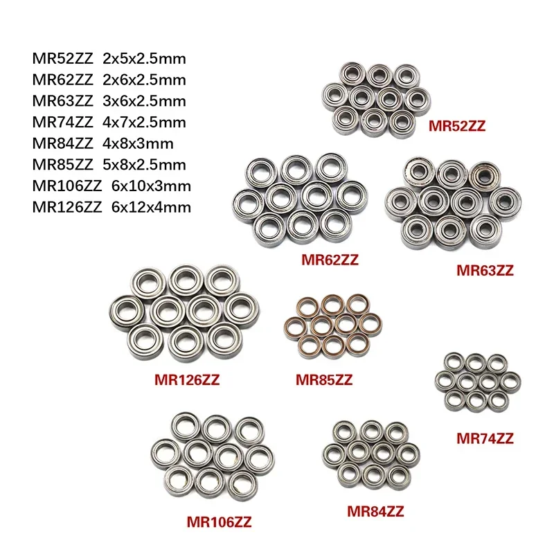 10pcs MR Series Miniature Ball Bearings Kit MR52ZZ MR62ZZ MR63ZZ MR74ZZ MR84ZZ MR85ZZ MR106ZZ MR126ZZ for Electric Motor Models