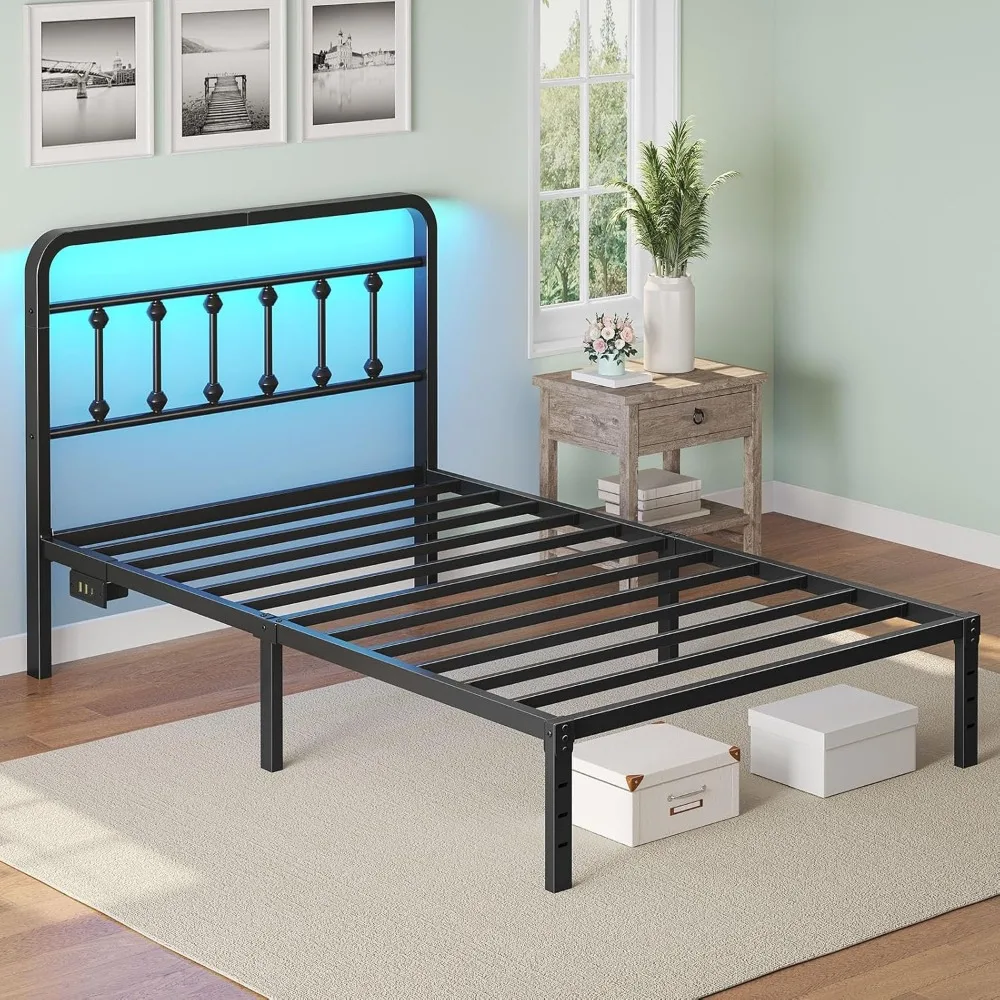 إطار سرير مزدوج معدني مقاس 14 بوصة مع لوح رأسي، ومحطة شحن، وأضواء LED، وتخزين تحت السرير، شديد التحمل، وسهل التجميع باللون الأسود