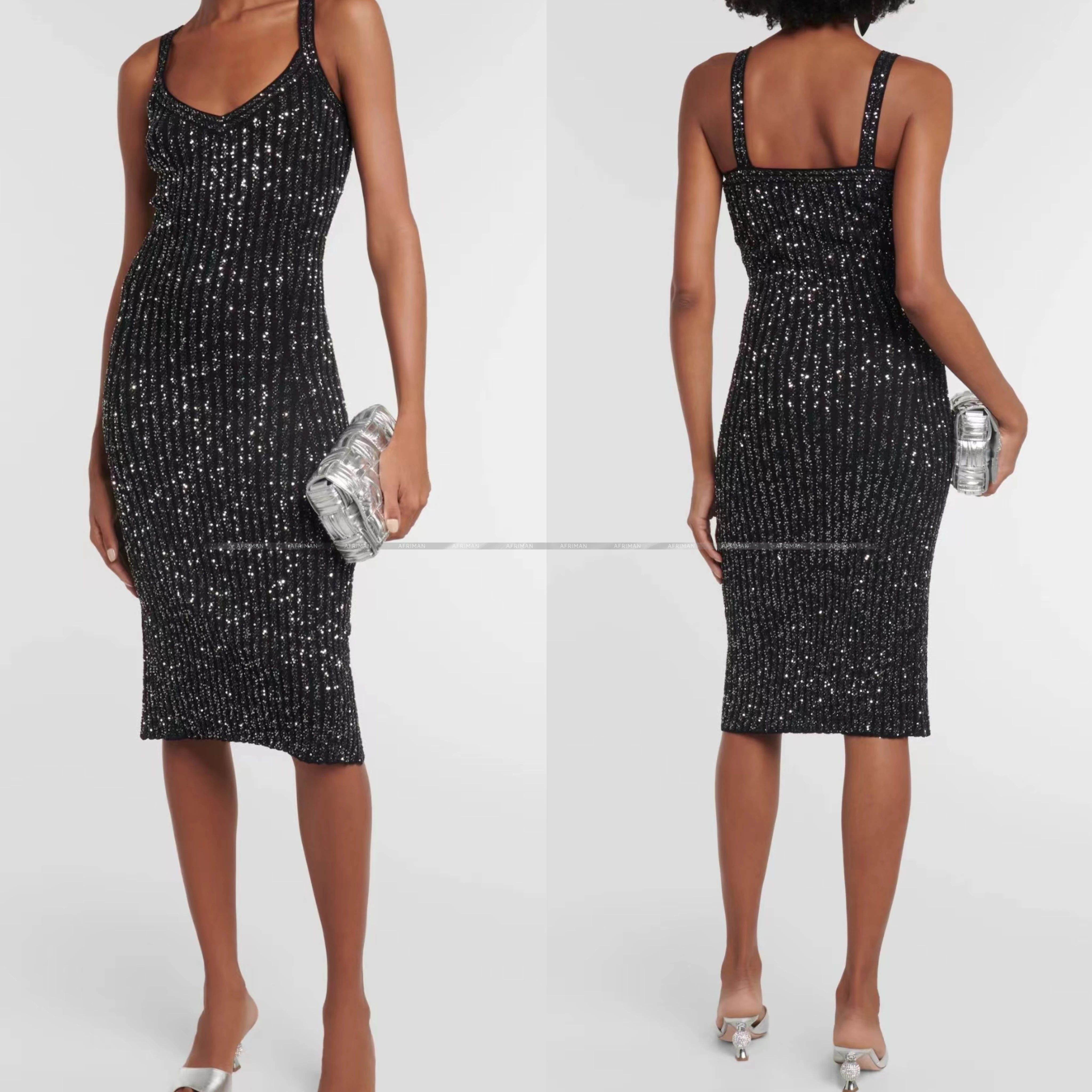 

Women V Neck Sexy Strapless Sequined Midi Step Knitted Dress