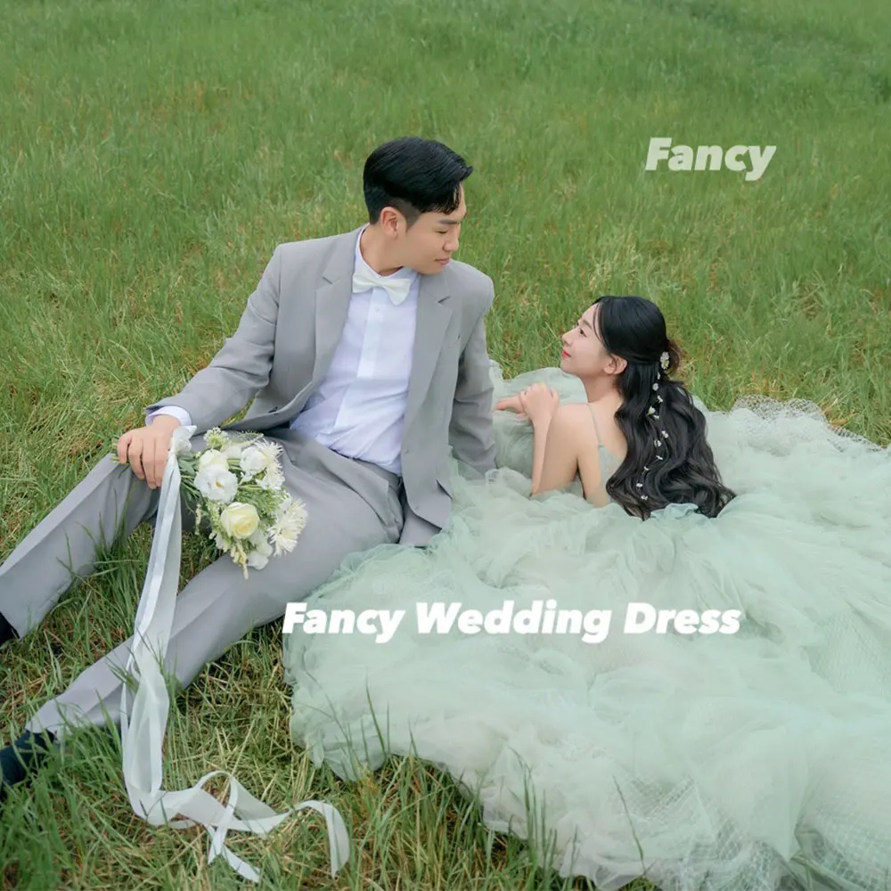 فستان زفاف vFancy الأميرة الأخضر كوريا صورة تبادل لاطلاق النار ألف خط السباغيتي الأشرطة ثوب الزفاف لينة تول الظهر مشد مخصص