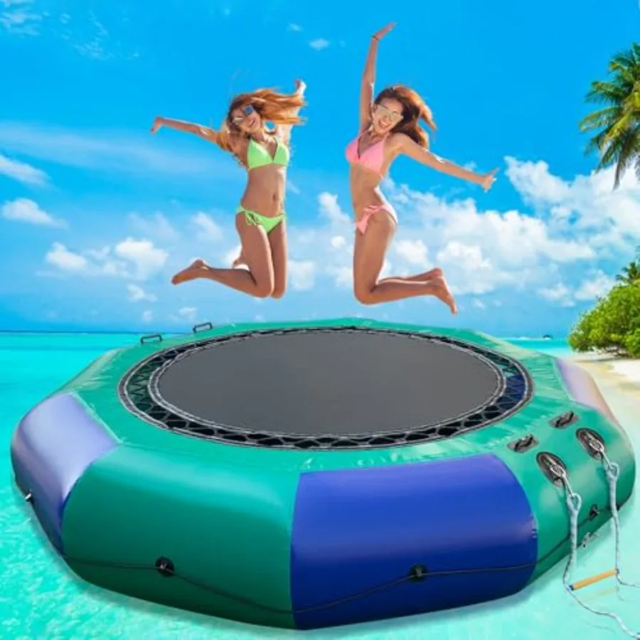 Lake-use inflatable water trampoline PVC material blue color portable and easy-setup with electric pump rope ladder