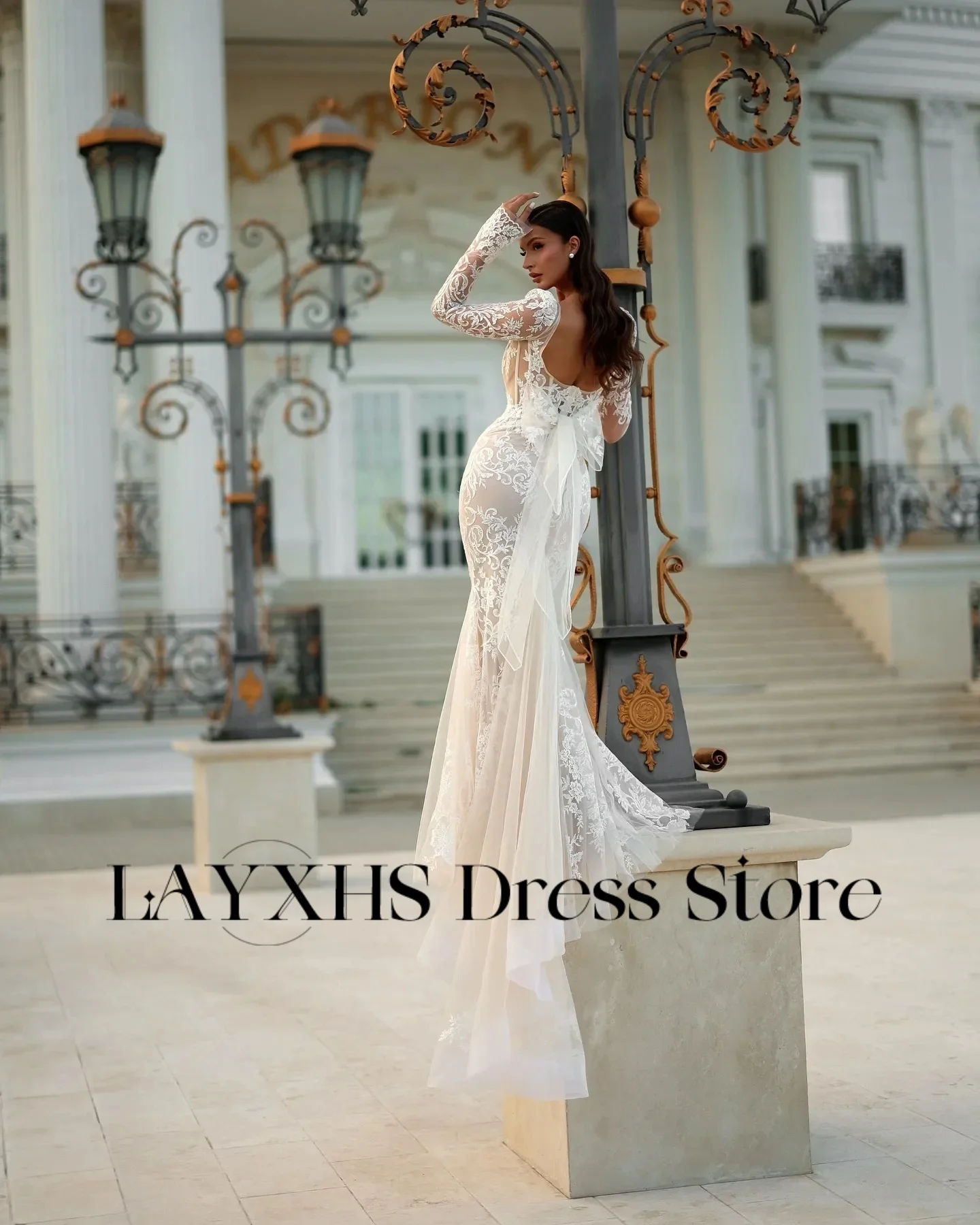 LAYXHS Vintage Square Neck Brautkleider Spitze Lange Ärmel Meerjungfrau Backless Bogen Brautkleider Angepasst vestidos de novia