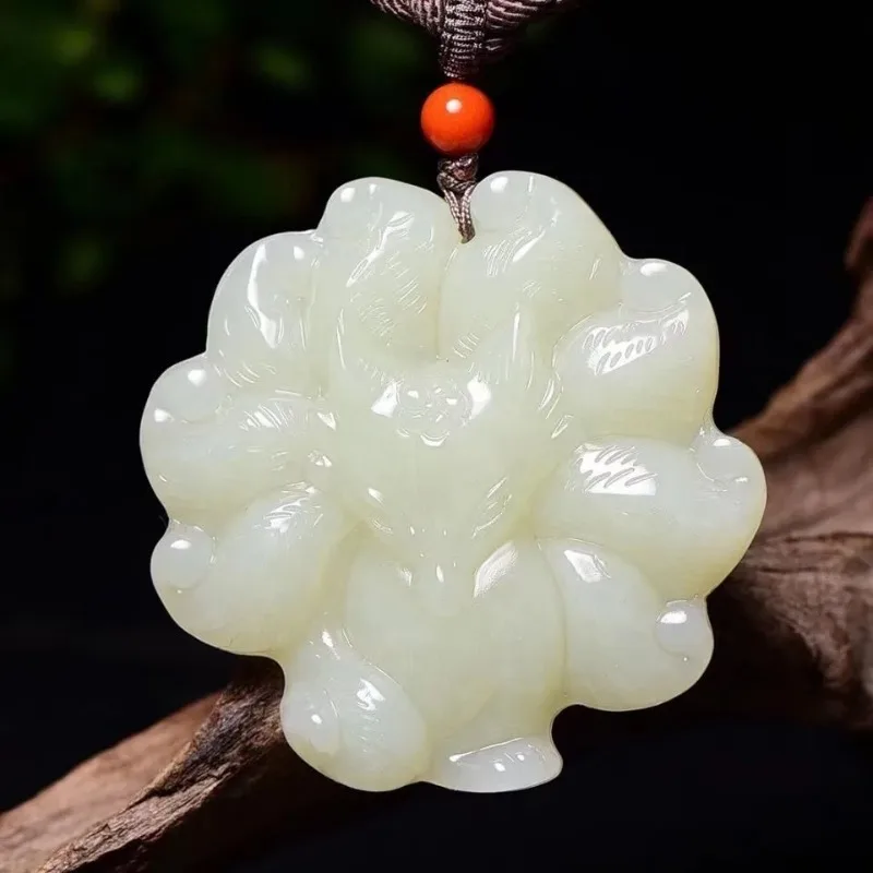 Hotan Jade Nine Tailed Fox Pendant Amulet Natural Necklace Carved Jewelry Gemstone Charm Jadeite Fashion Gifts Women Chinese