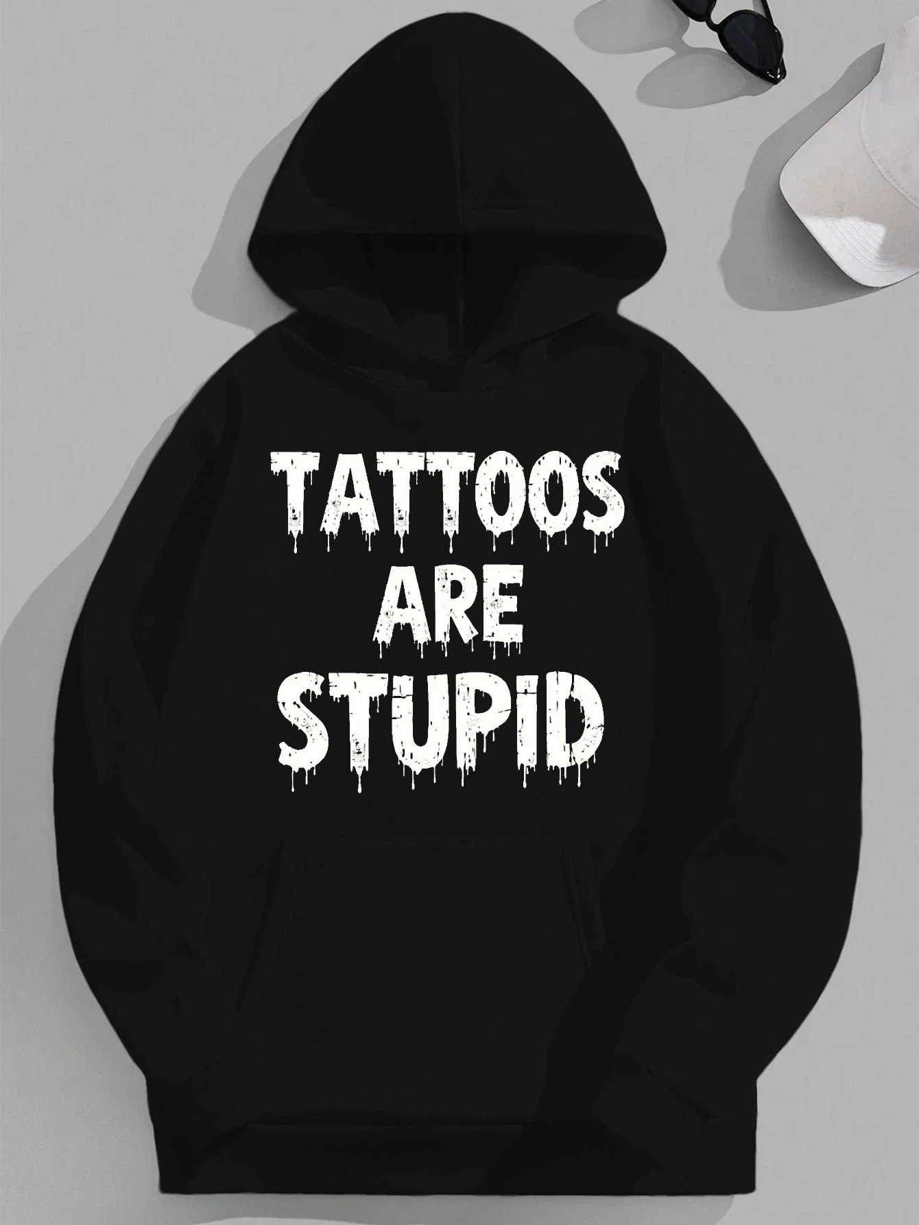 

Men's large-sized hooded sweatshirt - "Tattoo is a Fool" design, casual and loose fit, long sleeves, with white print