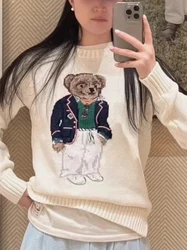 Sweater unisex autumn and winter casual warm fashion teddy bear embroidery round neck long sleeved pure cotton warm top