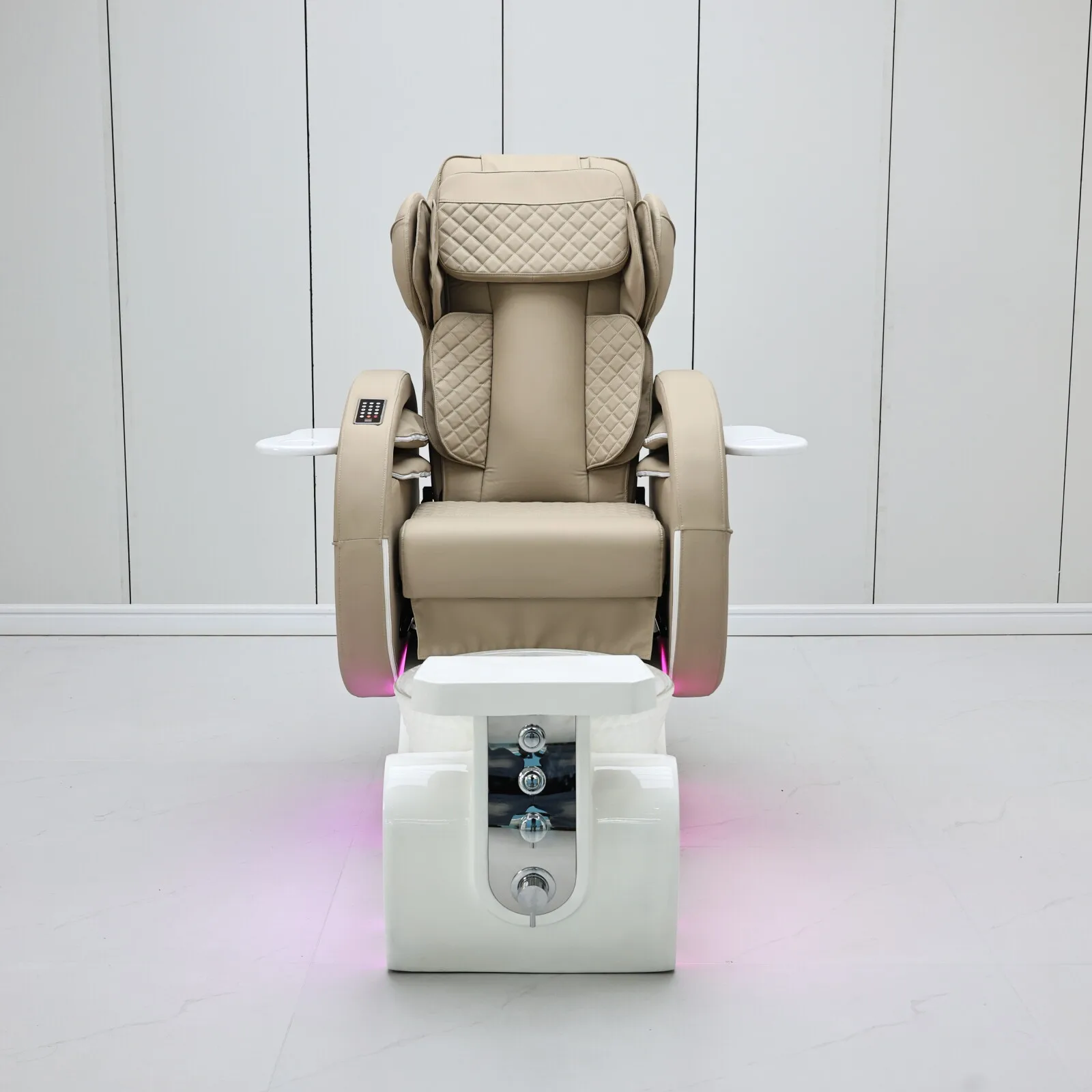 Electric Pedicure Chair with LED Light, Beige PU Leather Nail Spa Station with Glass Foot Bath for Beauty Salon