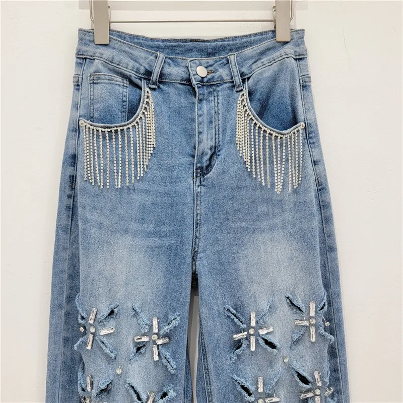 Heavy industry tassel set drill hole jeans women hollow straight leg wide leg trousers loose mopping trousers