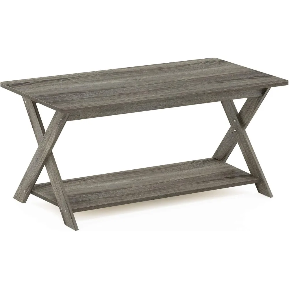 Modern Simplistic Criss-Crossed Coffee Table, 35.4x19.6x16 Inches, French Oak Grey, Easy Assembly