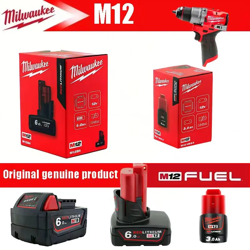 Baterie Milwaukee M18 M12 M12B6 M15B5 6000mAH 5000mAH, dobíjecí baterie pro nářadí, balení v barevné krabici, dlouhá výdrž 12V/18V - náhled 2