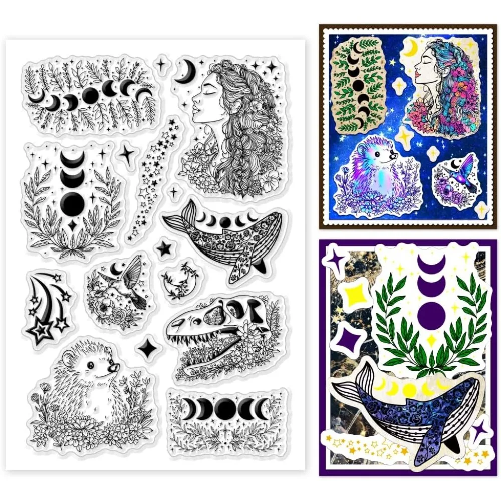 1 Sheet Magic Witchcrafts Clear Stamp Holographic Moon Phases Witchy Themed Stamps Seal for DIY Making Decoration 6.3x4.3 Inches