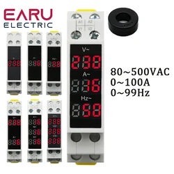 Din Rail 18mm Voltage Current HZ Meter AC 80-500V 220V 380V 100A Modular Voltmeter Ammeter LED Indicator Digital Volt Tester