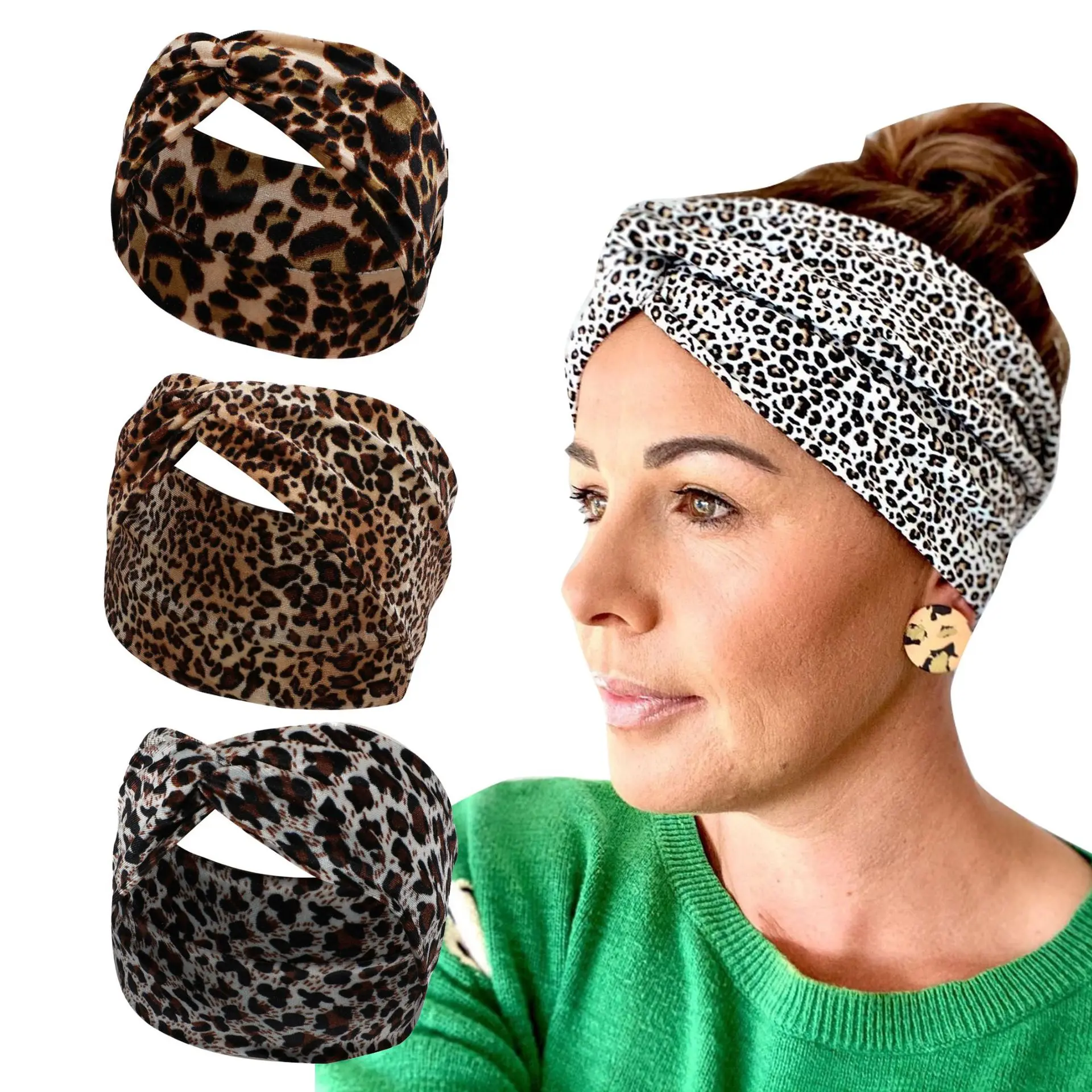 New Printed Wide Edge Cross Leopard Pattern Cross Hairband with Velvet Gold Plush Headband Sports Headband Winter