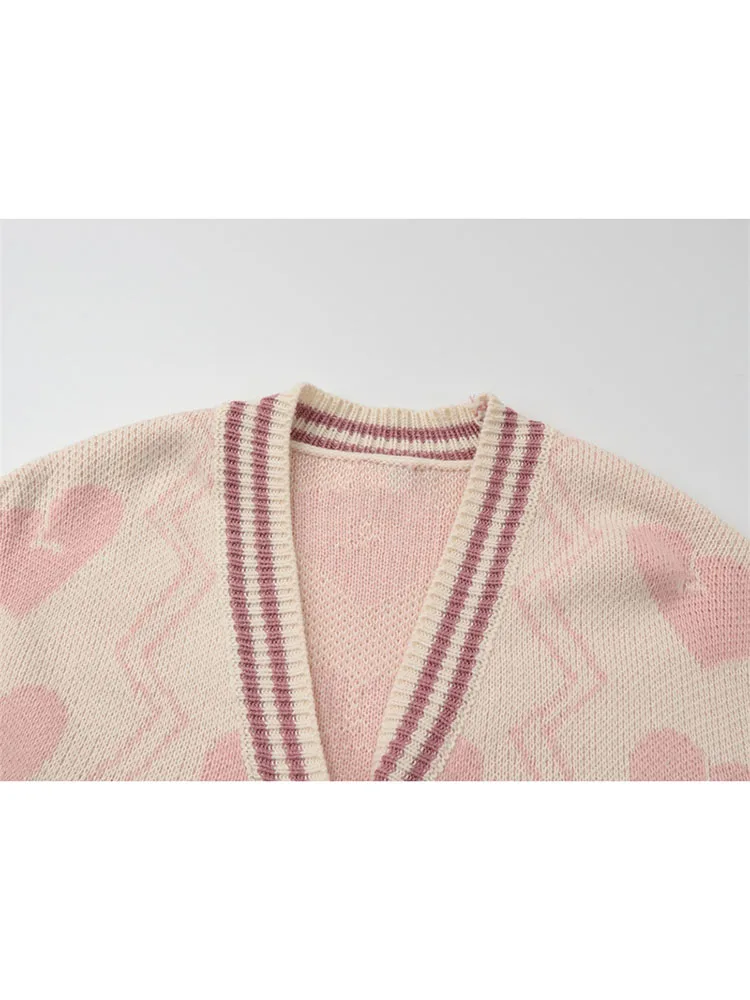 2022 Fashion Women Cardigan Sweater Long Sleeve V-neck Single Breasted Pink Sweet Heart-shaped Print Casual Loose Knitwear Coat