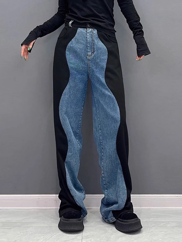 [EAM] High Elastic Waist Black Color-block Denim Long Wide Leg Pants New Trousers Women Fashion Tide Spring Autumn 2024 1DH4642