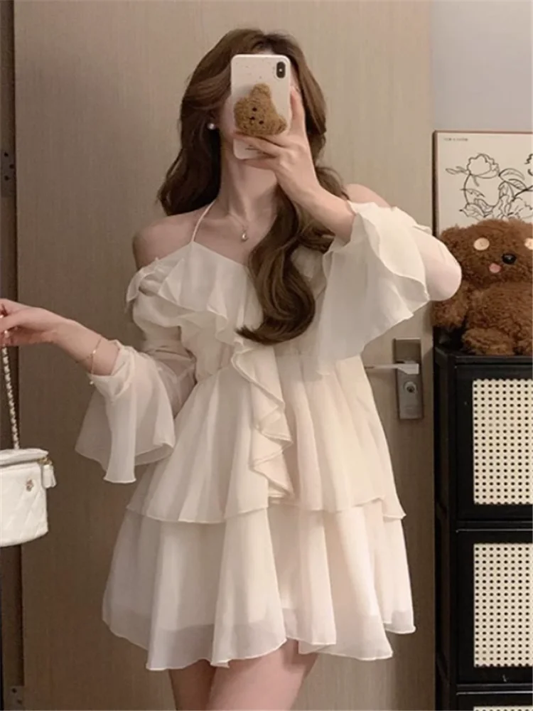 

Big Size Women Fashion Halter Princess Fairy Ruffles Mini Chiffon Dress Summer Holiday Off Shoulder Long Sleeve Slim Short Dress