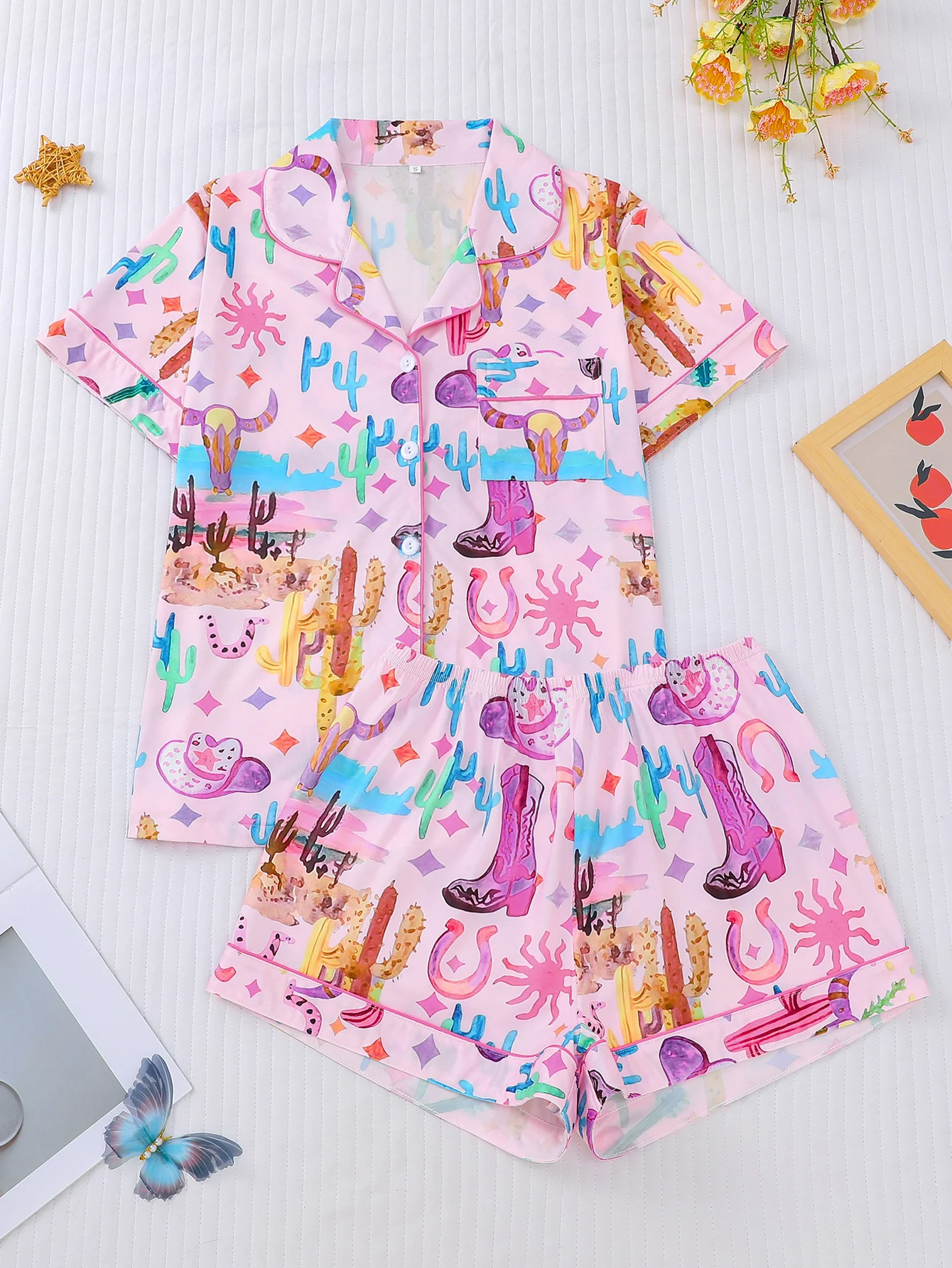 

2-piece desert denim style printed women's sleepwear set short sleeved lapel top and loose shorts casual women's sleepwear set