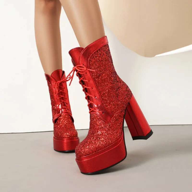 النساء حذاء من الجلد 2026 أحذية منصة حمراء أنيقة رصع الترتر الدانتيل يصل الخريف الشتاء مريح مستقرة كعب عالي مكتنز #4