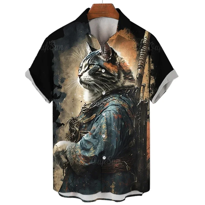3D Shirt with Vintage Cat Summer Men Fun Clothes Animal Graphic Top Flap Button Top