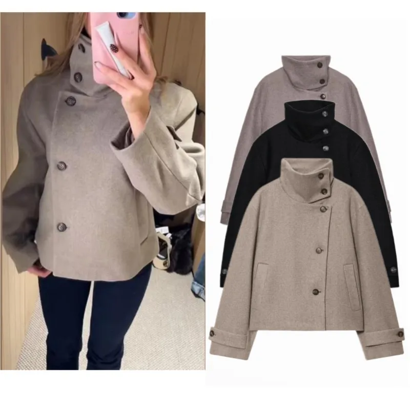 Women Stand Collar Jacket 2025 Autumn Winter Loose and Casual Long Sleeve Jackets Female Cuff Buckle Elegant Chic Outwear Tops