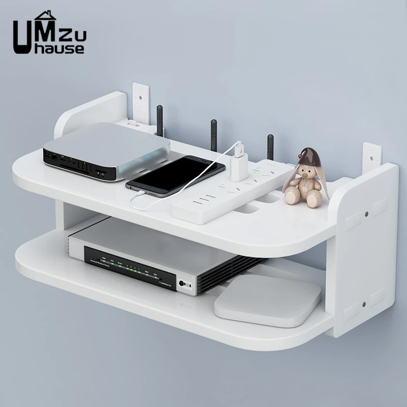 2 Tier Floating Shelves Wifi Router Hanging Layer Multi Tap Outlet Set Top Box Holder Cable Bracket Wall Mount Storage Organizer