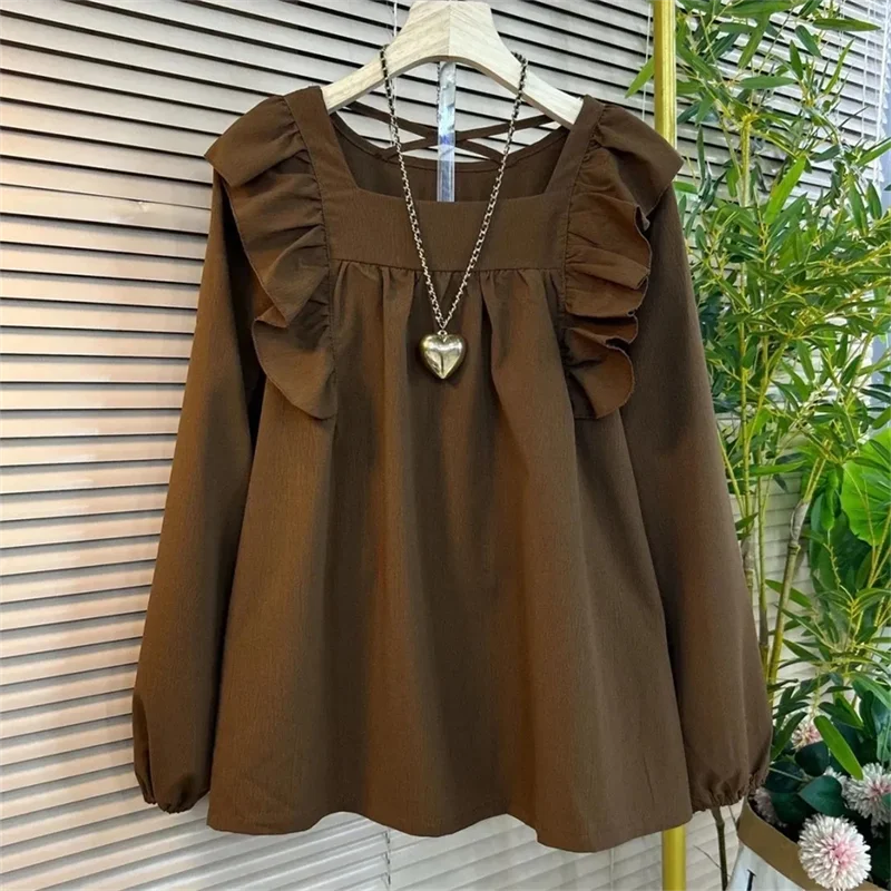 Sweet Cute Ruffled Square Neck Long Sleeved Shirt for Women in Spring and Autumn With a Design Sense of Niche Doll Shirt and Top