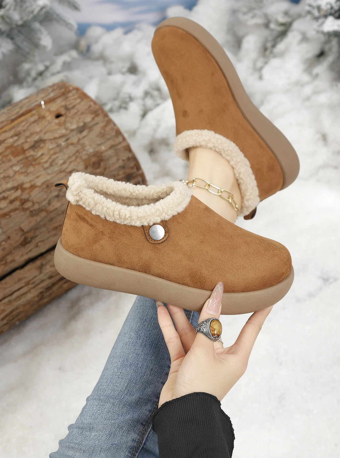 Damen-Winterstiefeletten, aus Kunstlederimitat, mit Teddy-Fleece-Futter, zum Hineinschlüpfen, warm, mit runder Spitze, rutschfester, dicker Sohle, im Retro-Stil, Baumwollstiefeletten. – Detail 8
