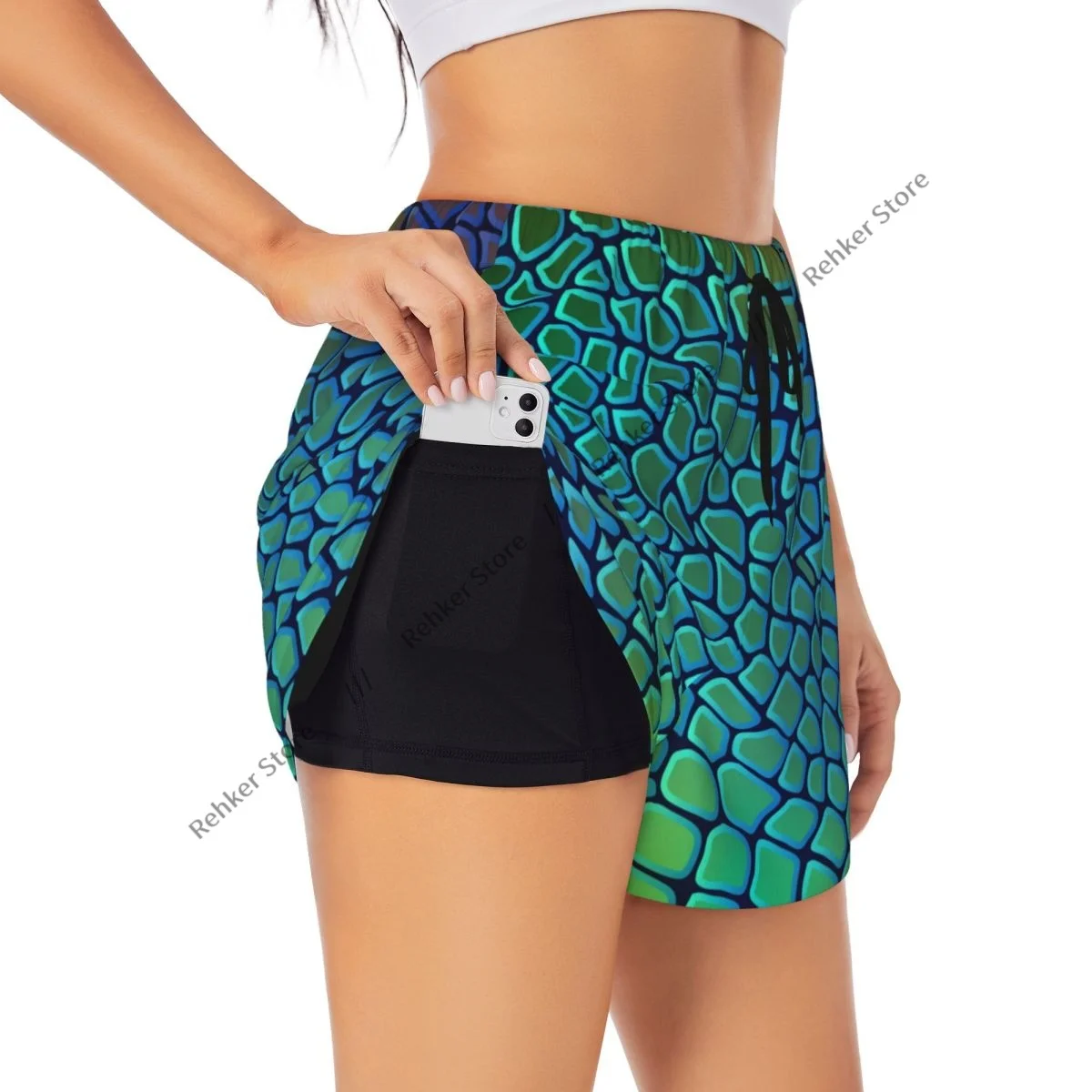 Animal cobra texturas crocodilo feminino dupla camada shorts atléticos de secagem rápida para corrida ao ar livre fitness treino esporte