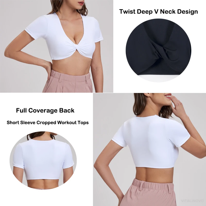 VITALINOVO Workout Crop Tops for Women Short Sleeve Twist Deep V Crop Tank Top Padded Sports Bra Low Impact Yoga T Shirts Top