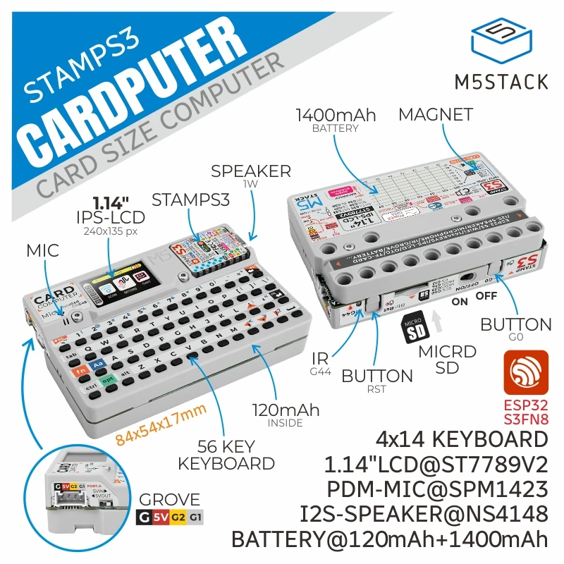 cardputer computador portatil m5stamps3 placa de desenvolvimento esp32 s3 114 polegada tela 56 teclas teclado cartao microcontrolador m5stack 01