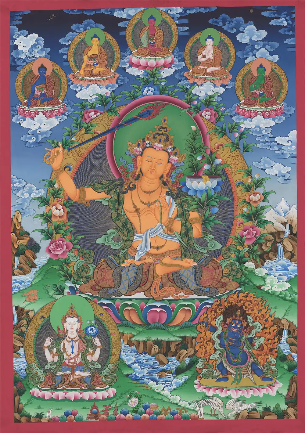 

Manjushri Thangka (и Chenrezig Vajrapani),Gandhanra тибетское искусство, печать Жикле и ручная оправа, 47 × 32 дюйма