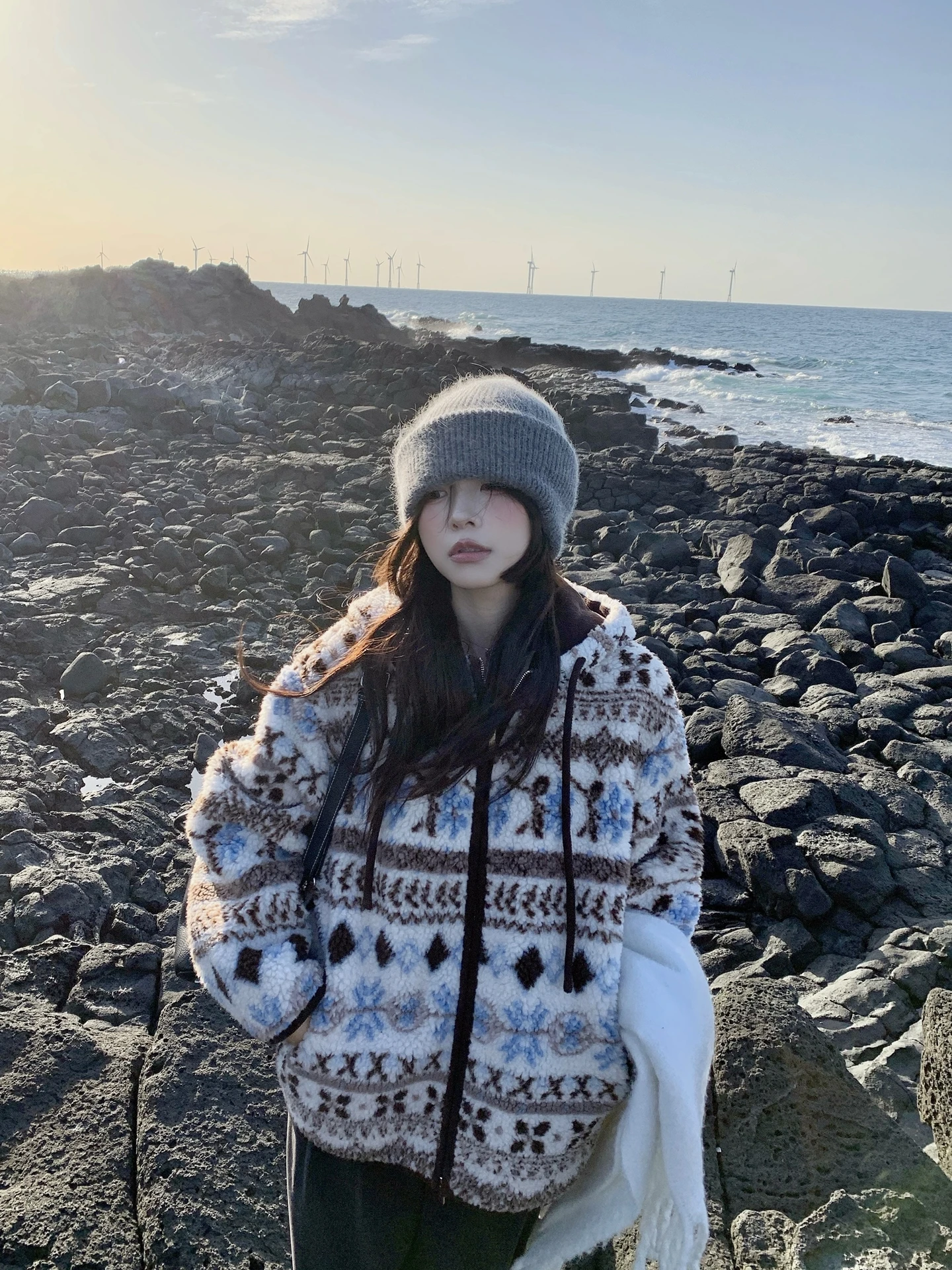 

Синяя зимняя куртка с капюшоном и подкладкой из овечьей шерсти в стиле Fair Isle, с внутренней подкладкой из флиса, женская повседневная верхняя одежда