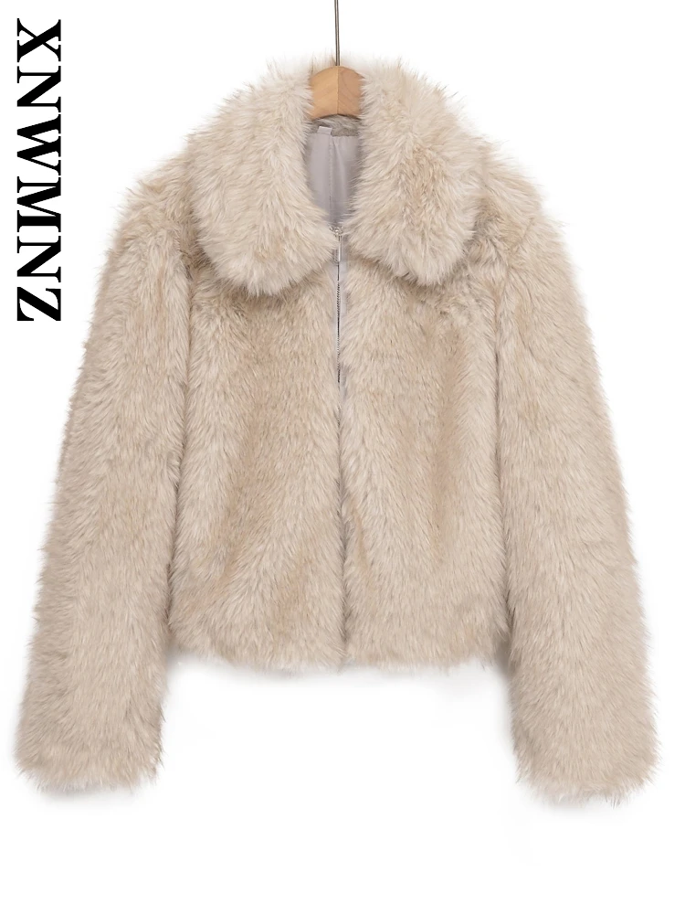 

XNWMNZ 2025 Autumn New Woman Casual Vintage Long Sleeve Turn-down Collar Faux Fur Top Simple Fashion Lady khaki Keep warm Coat