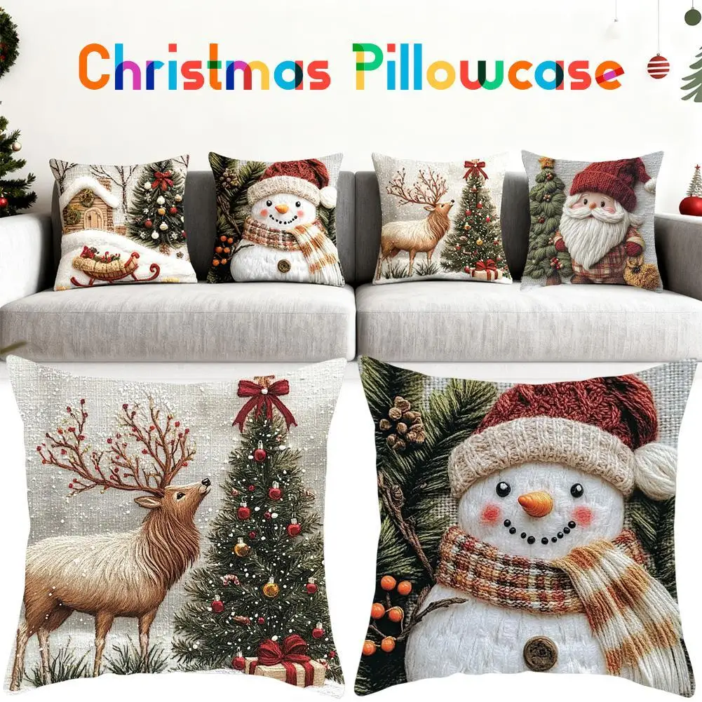 Christmas Pillowcase 45cm Grey Red Cute Cartoon Linen Pillowcase with Imitation Embroidery Sofa Holiday Decor Home Accessory