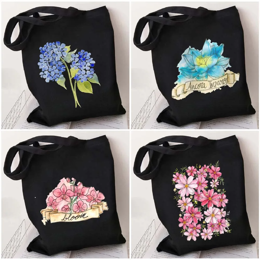 Cute Cornflower Iris Lavender Cosmos Pink Yellow Flower Poppy Daisy Sakura Lilac Womens Canvas Shopper Tote Bag Shopping Handbag