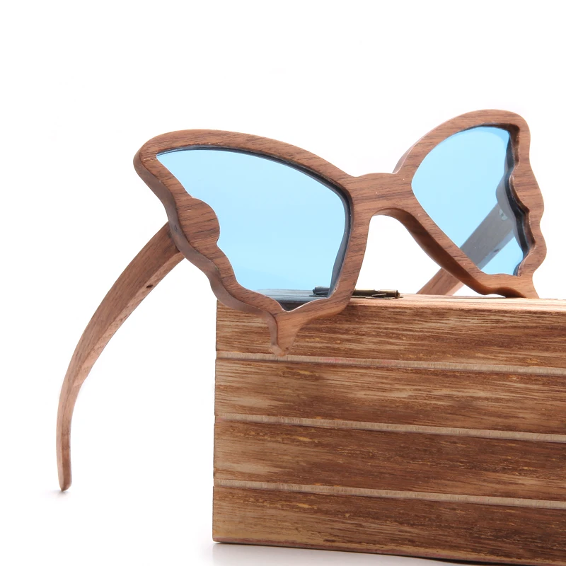 Retro Butterfly Walnut Sunglasses Lake Blue Lens Fashion Sun Glasses Handmade Shades UV400