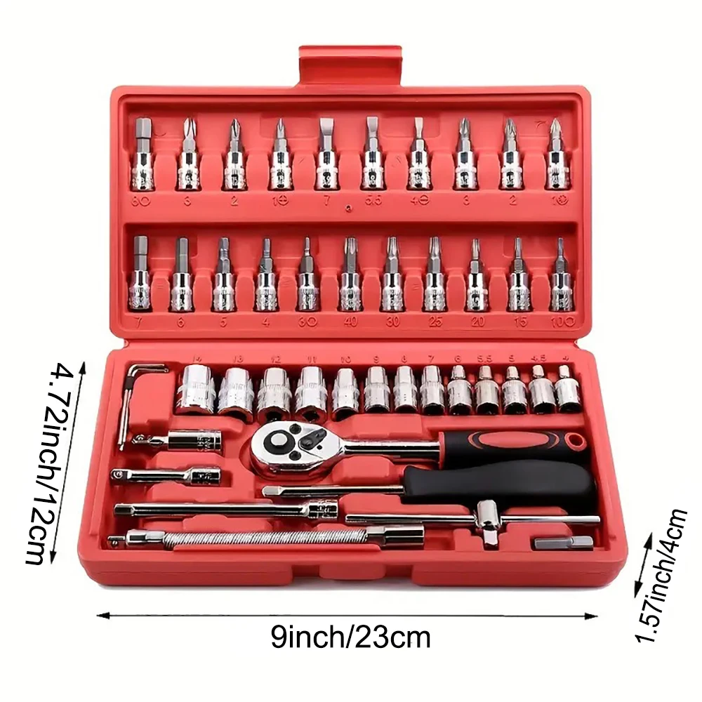 46pcs 1/4 Inch Drive Socket Set Ratchet Wrench Set Car Tool Kit, Bit Socket Wrench Set Metric Mechanic Tool Set