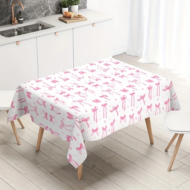 1 Stück Rosa Schleifendesign-Tischdecke 220x130cm Komplette Schleifen-Einweg-Plastiktischdecke für Hochzeit, Braut, Geburtstagsfeier-Dekoration – Detail 3