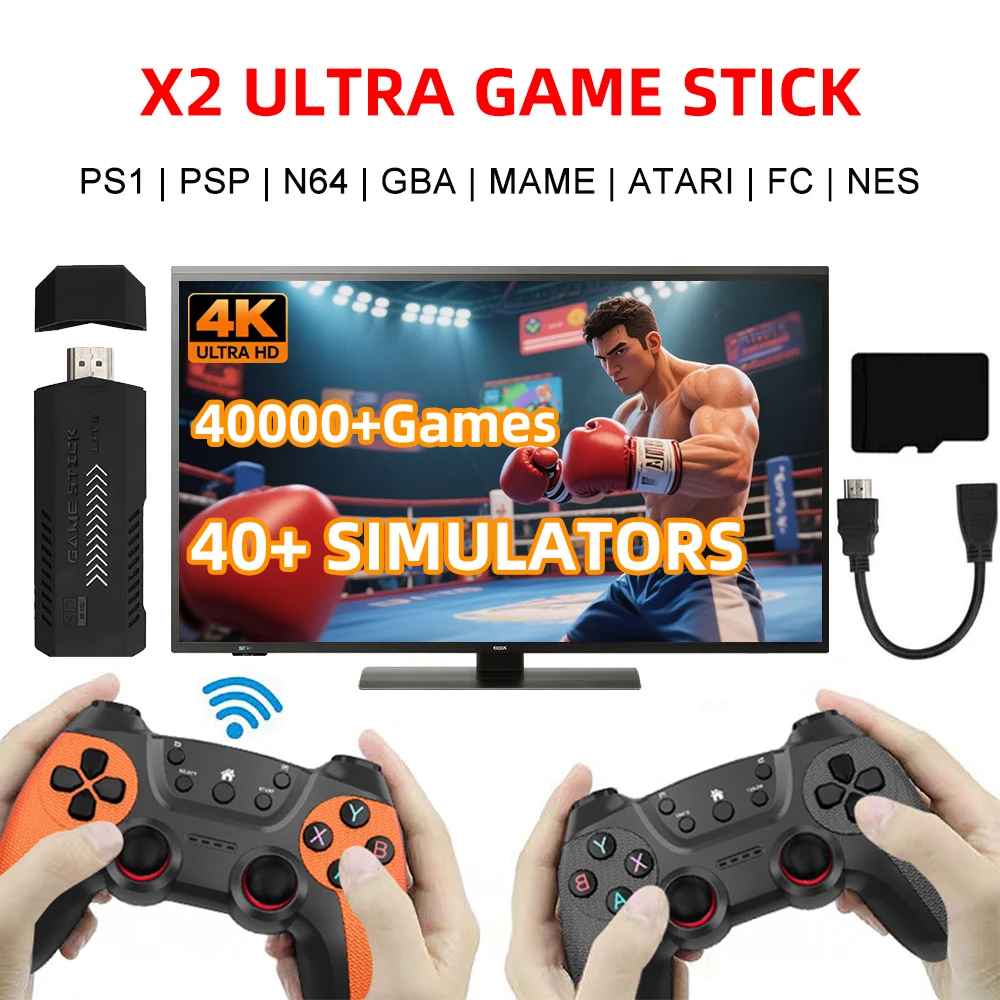 Upgraded X2Ultra Wireless Retro Game Stick 4K with 30,000+ Games 3D HD 2.4G Wireless Controllers TV 50 Emulator For PS1/N64/DC