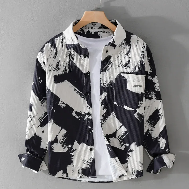 Men's High-quality Breathable Long-sleeved Shirts Casual Loose Fit Handsome Sleeve Printed Shirt Men's Business Clothing