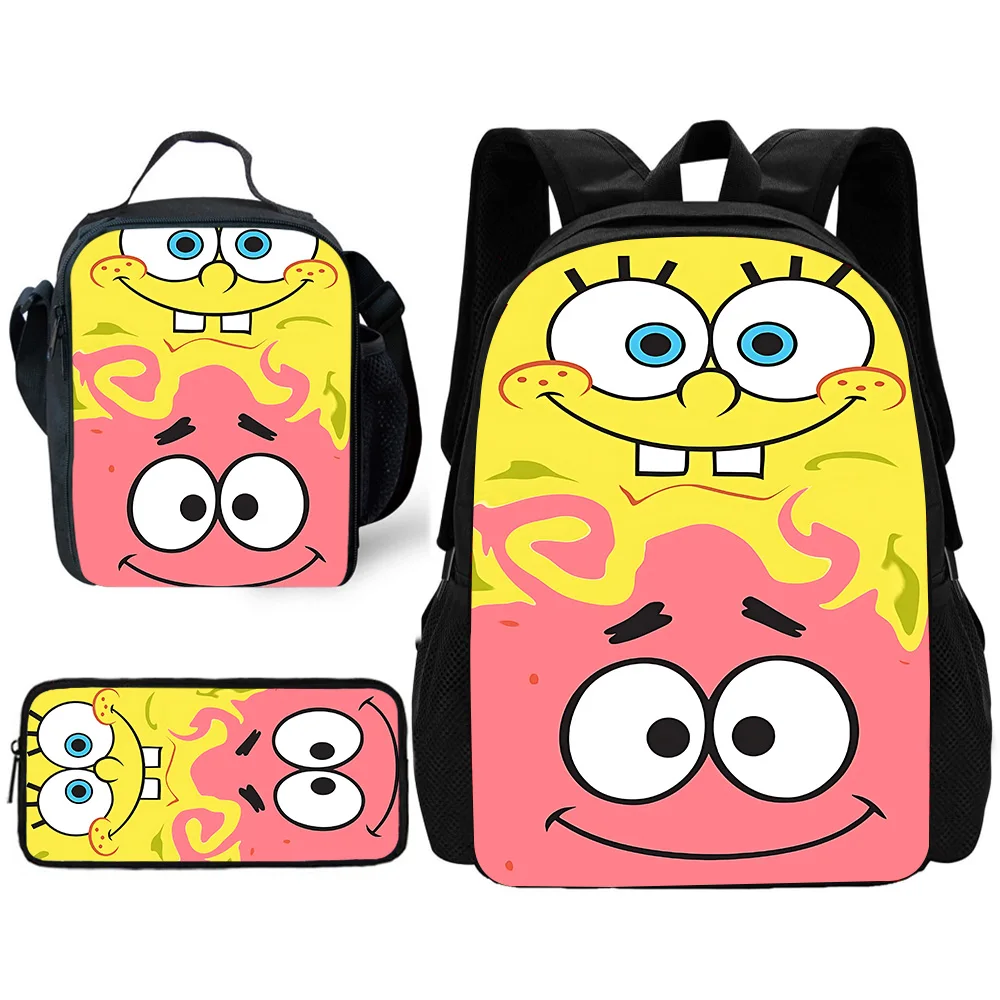 Child School Cartoon Cute Anime SpongeBobs Backpack with Lunch Bags ,Pencil Bags ,School Bags for Boys Girls Best Gift