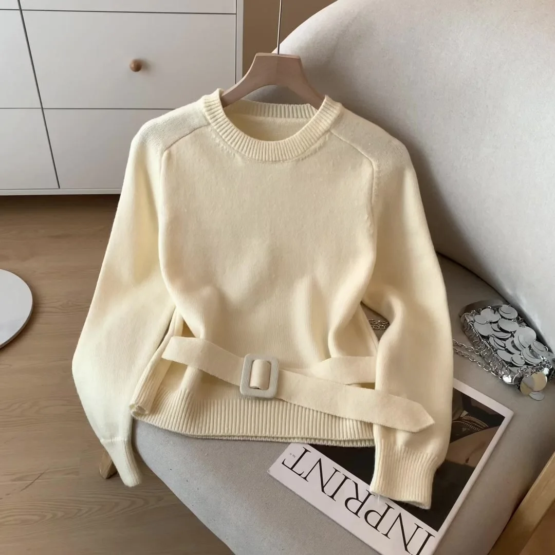 

Women's Apricot Pullover Sweater Vintage O-Neck Jumper Knit Long Sleeves Cashmere Sweater with Belt Winter 2000s Clothes 2025