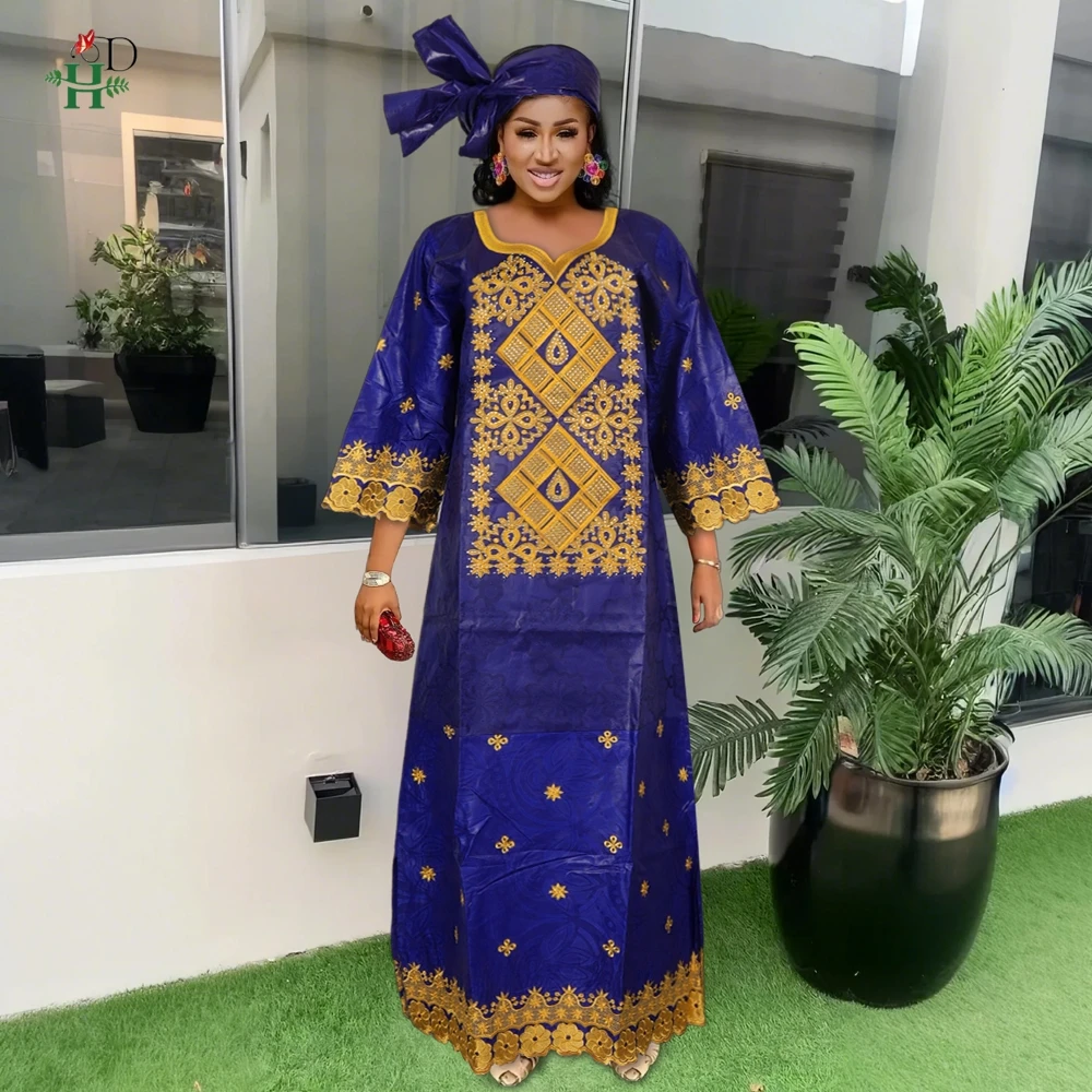 

H&D African Dresses For Women Bazin Riche Tradition Embroidery Dress Wedding Robe Clothes Party Gowns Skirt 2024