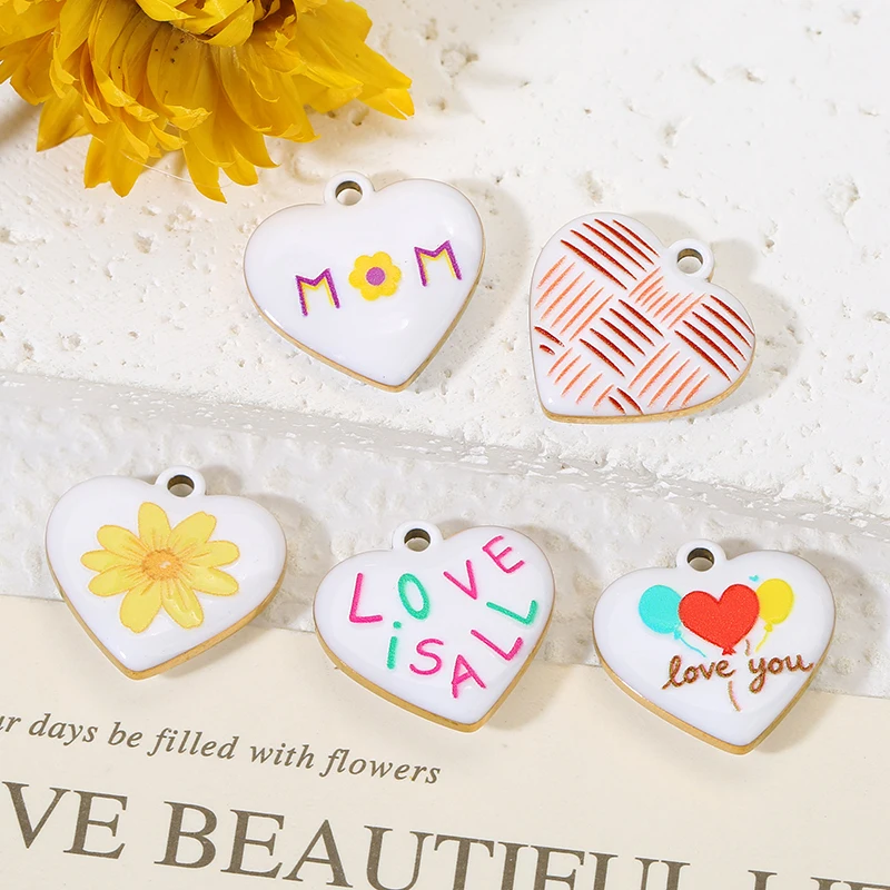 5pcs Colorful Enamel Heart Shaped Pendant Titanium Steel Charm for Earring Necklace Handmade Craft Jewelry Accessories Wholesale