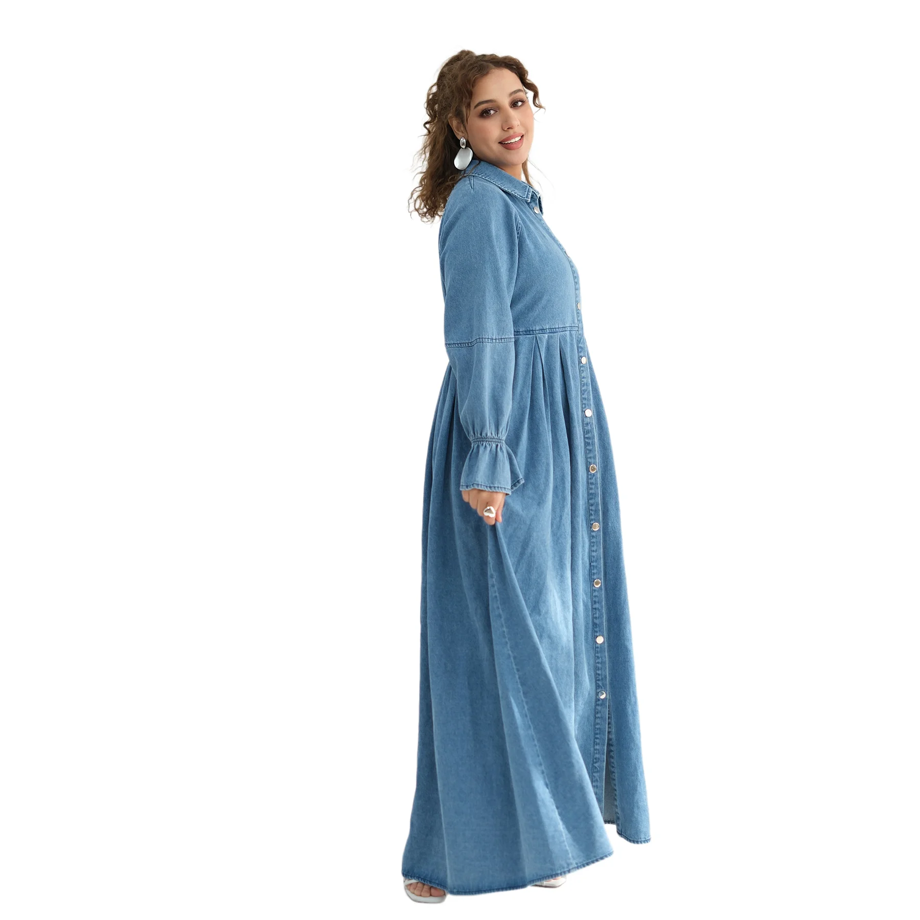 

Ramadan Dresses Muslim Abaya Robe Buttons Femme Casual Long Sleeve Kaftan IsIamic Vestidos Women Denim Blue Maxi Dress Femme