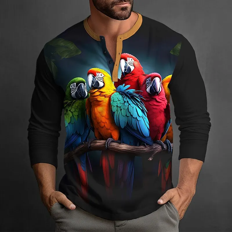 

Colorful Parrot Graphic Men's Henry T-Shirt Funny 3D Print Animal Bird Pattern Long Sleeve Clothes Autumn Casual Comfortable Top