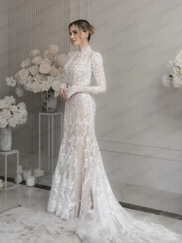 Elegant Wedding Dresses High Neck Long Sleeve Mermaid Islamic Bride Dress Women Civil Lace Bridal Gown Customized robe de mariée
