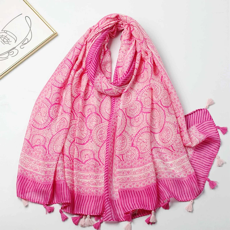 2024 New Fashion Luxury Ladies Women Scarf Female Cotton Linen Shawl Tassel Four Seasons Versatile Floral Muslim Hijab 90*180cm