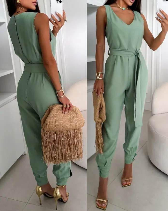 

Women's Jumpsuit V-Neck Thick Strap Tied Detail Zipper Back Cuffed Jumpsuit Elegant Overalls Fashionable Retro Casual Jumpsuit