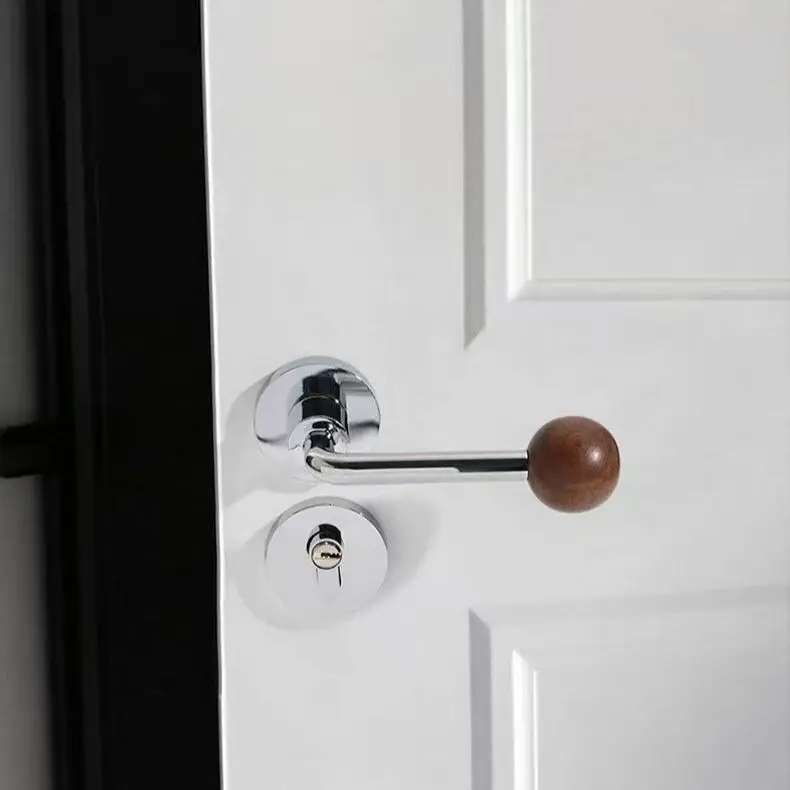 Magnetic Silent Retro Walnut Split Door Lock, Interior Household Handle for Bedroom Wooden Doors